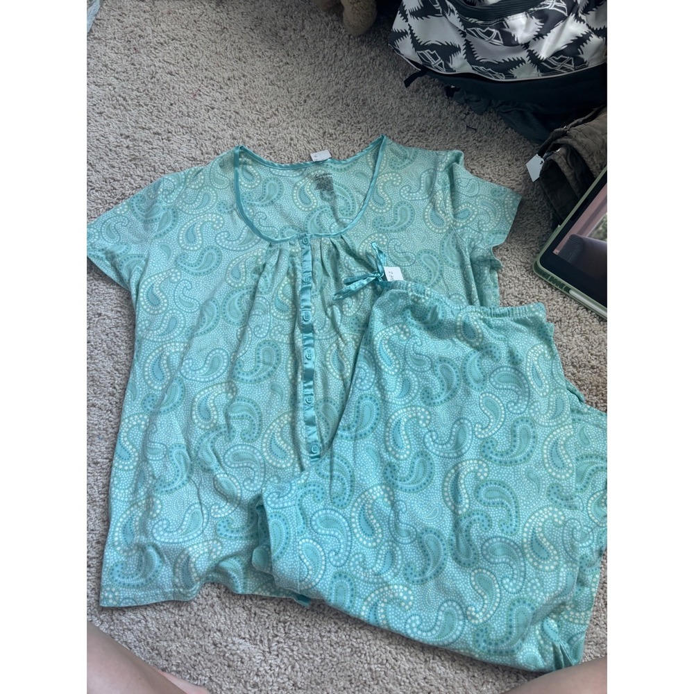 y2k Paisley Pajama Set Aqua Blue Sleepwear Shorts Set XL Cotton Blend Loungewear